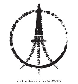 Grunge ink an paint illustration of Eiffel tower symbol. Drawing.