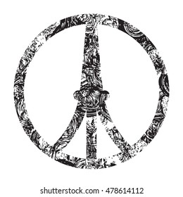 Grunge ink an paint illustration of Eiffel tower symbol. Drawing.