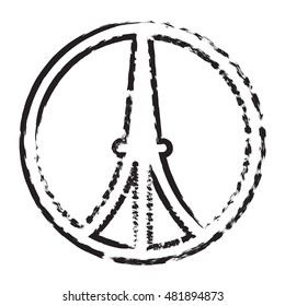 Grunge ink an paint illustration of Eiffel tower symbol. Drawing.