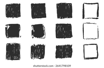 Grunge ink rectangle and square paint border with rough edges. Text box, sketch dirty line, splash. Scribble frame cadre textured 