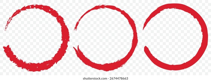 Grunge Ink Red Circle Brush Stroke and Fill Set - Estilo Enso rojo y negro sobre fondo transparente. EPS 10.