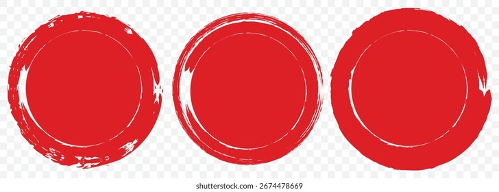 Grunge Ink Red Circle Brush Stroke and Fill Set – Red and Black Enso Style on Transparent Background. EPS 10.