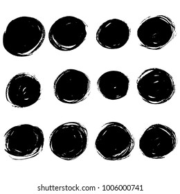 Grunge ink round brush strokes. Freehand black brushes set. Handdrawn dry brush black smears. Modern vector illustration.