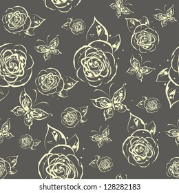 Grunge ink splash seamless pattern with roses and butterflies