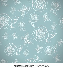 Grunge ink splash seamless pattern with roses and butterflies