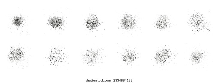 Grunge Ink Splatter Set. Noise Effect Collection. Round Spray Texture, Dirty Pattern. Black Halftone Stain. Abstract Design Element. Circle Grainy Brush Paint Splash. Isolated Vector Illustration.