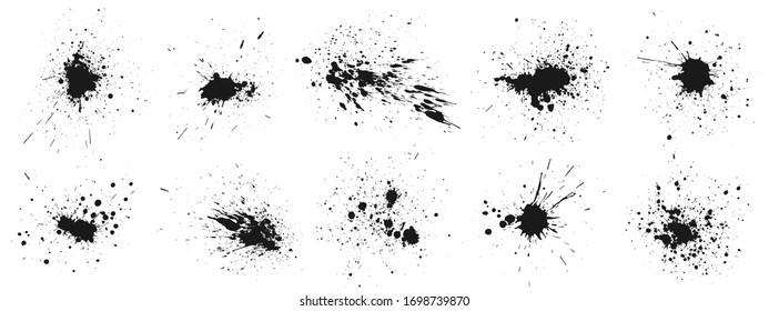 Grunge ink splatter. Splash of paints, spray drops staining and frame with wet paint drop traces vector set. Illustration splash and drip design, silhouette blob spray collection