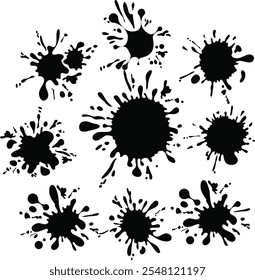 Grunge ink splatter. Splash of paints, spray drops staining and frame with wet paint drop traces vector set. Illustration splash and drip design, silhouette blob