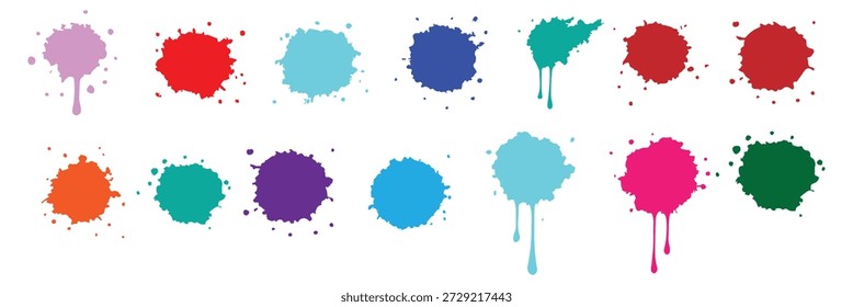Salpicadura de tinta Grunge. Salpicaduras de pinturas, manchas de gotas de aerosol y marco con pintura húmeda gota rastros conjunto de Vector. Diseño de salpicaduras y goteo de ilustración, colección de spray de manchas de silueta. conjunto de salpicaduras de tinta. 