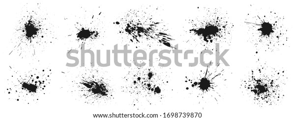 Grunge ink\
splatter. Splash of paints, spray drops staining and frame with wet\
paint drop traces vector set. Illustration splash and drip design,\
silhouette blob spray\
collection