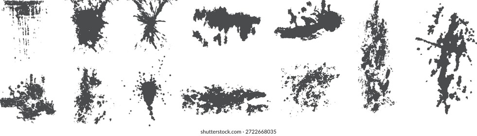 Conjunto de textura de salpicaduras de tinta Grunge con manchas de pintura áspera y marcas de pincel. Manchas abstractas negras, salpicaduras y Elementos angustiados aislados en blanco. Ideal para el diseño grunge, superposiciones, carteles y fondos artísticos.