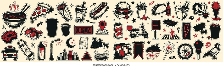 Un Vector de salpicaduras de tinta grunge muestra una variedad de íconos de comida y bebida a través de un Anuncio panorámico, utilizado para menús, carteles, marcas urbanas, vibrante.