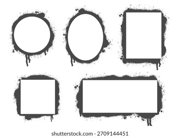 Grunge Tintensprührahmenset. Quadratische, kreisförmige, ovale und rechteckige Formen für das Design. Blank schwarze Farbe Explosion Vorlagen. Leerer Rahmen, Vektorgrafiken