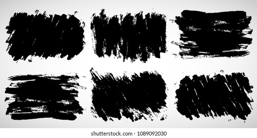 Grunge ink stains, texture shape. Set of black hand drawn brush strokes, dirty artistic background, paint lines. Design element with place for text. Vector ilustration isolated on white.