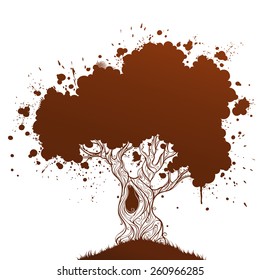 Grunge ink tree. Grunge tree with blobs and place for your text. Duotone illustration. 