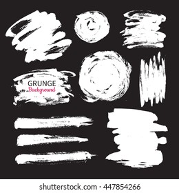 Grunge ink vector background set. Abstract freehand shapes. Isolated dry brush white smears. Circle, square, stroke. Great for banner. Modern design elements.