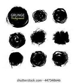 Grunge ink vector circle background set. Abstract freehand spots. Isolated dry brush black round smears. Great for banner. Modern design elements.