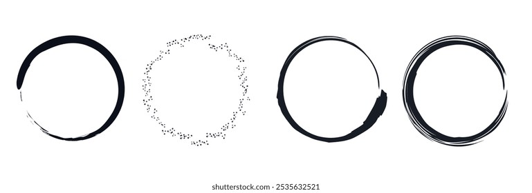 Grunge ink-circle frames vector illustration isolated on transparent background. Set of black paint brush stroke borders.