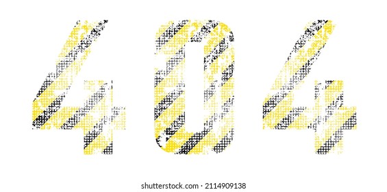 Grunge inscription 404, Website loading error, design flat style vector illustration, isolated on white. Old texture with black and yellow stripes. No access to site due to technical reasons