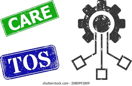Grunge IoT component icon and rectangle corroded Care stamp. Vector green Care and blue Tos seals with corroded rubber texture, designed for IoT component illustration.