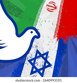 Grunge Iranian and Israeli Flags with Peace Dove – Vector Illustration