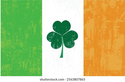 Grunge Irish Flag Texture with Shamrock. National Irish holiday St Patrick's Day celebration vector art