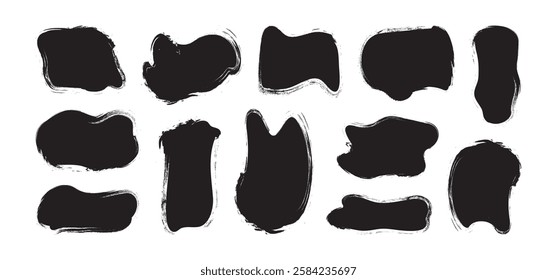 Grunge irregular shape, paint brush blob, ink stroke stain, black charcoal form, rough abstract blot, round square, rectangle crayon drawn, chalk set isolated on white background. Vector illustration