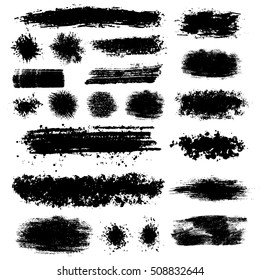Grunge isolated black blots and spots of various shapes and configurations. Vector illustration.