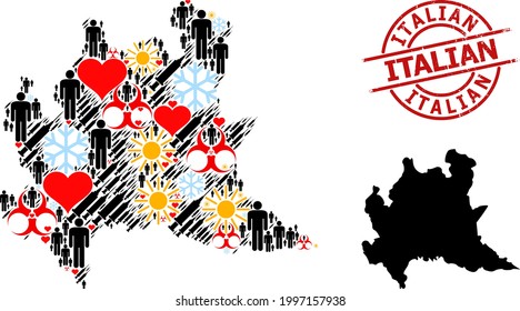 Grunge Italian stamp seal, and sunny patients vaccine mosaic map of Lombardy region. Red round stamp seal contains Italian caption inside circle. Map of Lombardy region mosaic is created with cold,