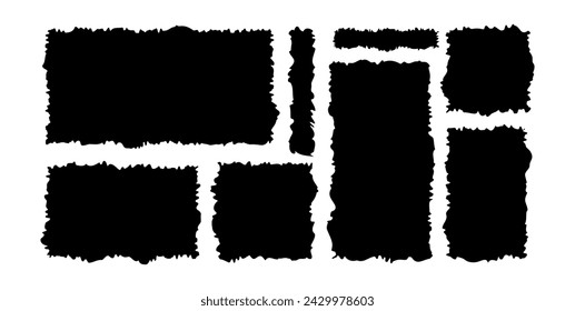 Grunge jagged rectangle shape collection. Black torn paper sheet. Set sticker, collage, banner.