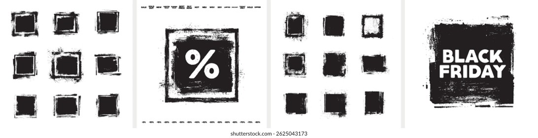 Grunge jagged rectangle shaped Badge and 
 Button Set. Black Friday, Sale and more. Vintage grunge boxes for collage, shop, text, banner, sticker, poster design. Vector illustration. 