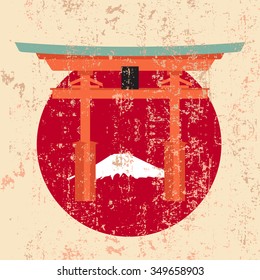 Grunge japanese meiji-jingu scene with flag