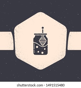 Grunge Jar of honey and honey dipper stick icon isolated on grey background. Food bank. Sweet natural food symbol. Honey ladle. Monochrome vintage drawing. Vector Illustration