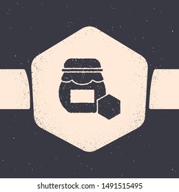 Grunge Jar of honey icon isolated on grey background. Food bank. Sweet natural food symbol. Monochrome vintage drawing. Vector Illustration
