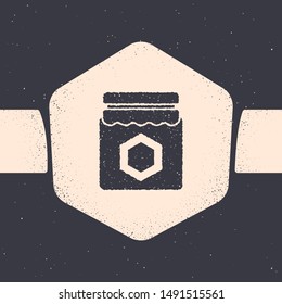 Grunge Jar of honey icon isolated on grey background. Food bank. Sweet natural food symbol. Monochrome vintage drawing. Vector Illustration