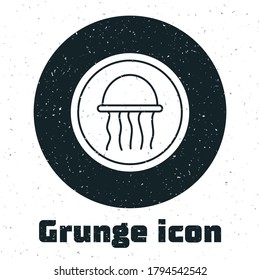 Grunge Jellyfish on a plate icon isolated on white background. Monochrome vintage drawing. Vector.