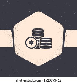 Grunge Jewish coin icon isolated on grey background. Currency symbol. Monochrome vintage drawing. Vector Illustration