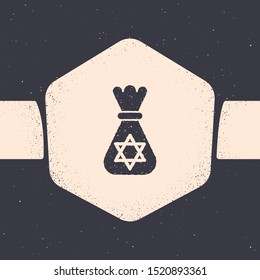 Grunge Jewish money bag with star of david icon isolated on grey background. Currency symbol. Monochrome vintage drawing. Vector Illustration