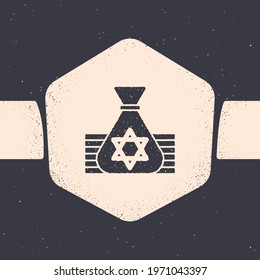 Grunge Jewish money bag with star of david icon isolated on grey background. Currency symbol. Monochrome vintage drawing. Vector