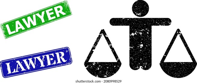 Icono del juez de Grunge y sello del abogado de goma rectangular. Letrero verde vectorial y marcas de agua azul del Abogado con textura de caucho grueso, diseñado para la ilustración del juez.