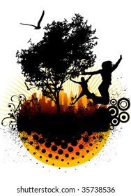 grunge jumping people with city background