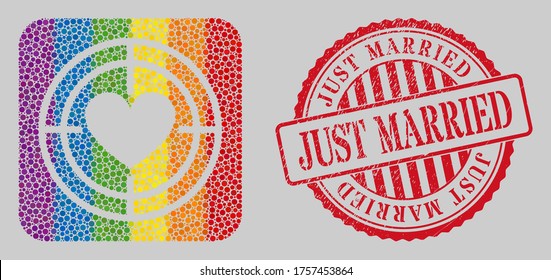 Grunge Just Married stamp seal and mosaic love target hole for LGBT. Dotted rounded rectangle mosaic is around love target hole. LGBT rainbow colors.