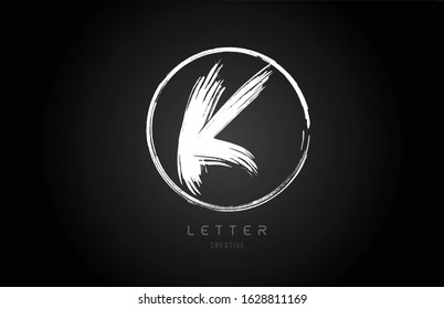 grunge K brush stroke letter alphabet logo icon design template with circle in black and white for business. Suitable for a company design