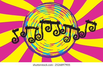 grunge karaoke night pop disco bright pink and yellow swirl and spiral with rough cartoon music notes melody for event flyer panel invitation vector background graphic design resource