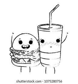 grunge kawaii happy hamburger with shy soda