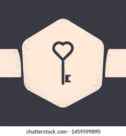Grunge Key in heart shape icon isolated on grey background. Monochrome vintage drawing. Vector Illustration