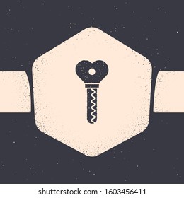 Grunge Key in heart shape icon isolated on grey background. Valentines day. Monochrome vintage drawing. Vector Illustration
