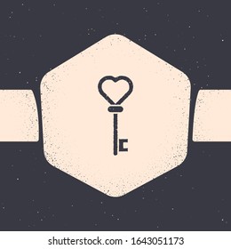 Grunge Key in heart shape icon isolated on grey background. Monochrome vintage drawing. Vector Illustration