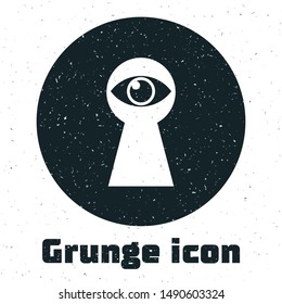 Grunge Keyhole with eye icon isolated on white background. The eye looks into the keyhole. Keyhole eye hole.  Vector Illustration