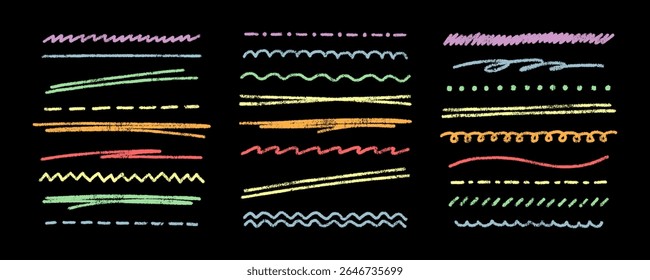Grunge kid chalk elements, crayon drawing dividers. Scribble crayon lines vector set. Chalk underline lines. Charcoal texture colorful lines isolated on black background. Colored horizontal strokes.